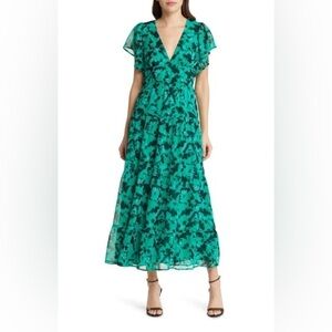 CHELSEA28 Floral Flutter Sleeve Tiered Chiffon Maxi Dress NWT Small